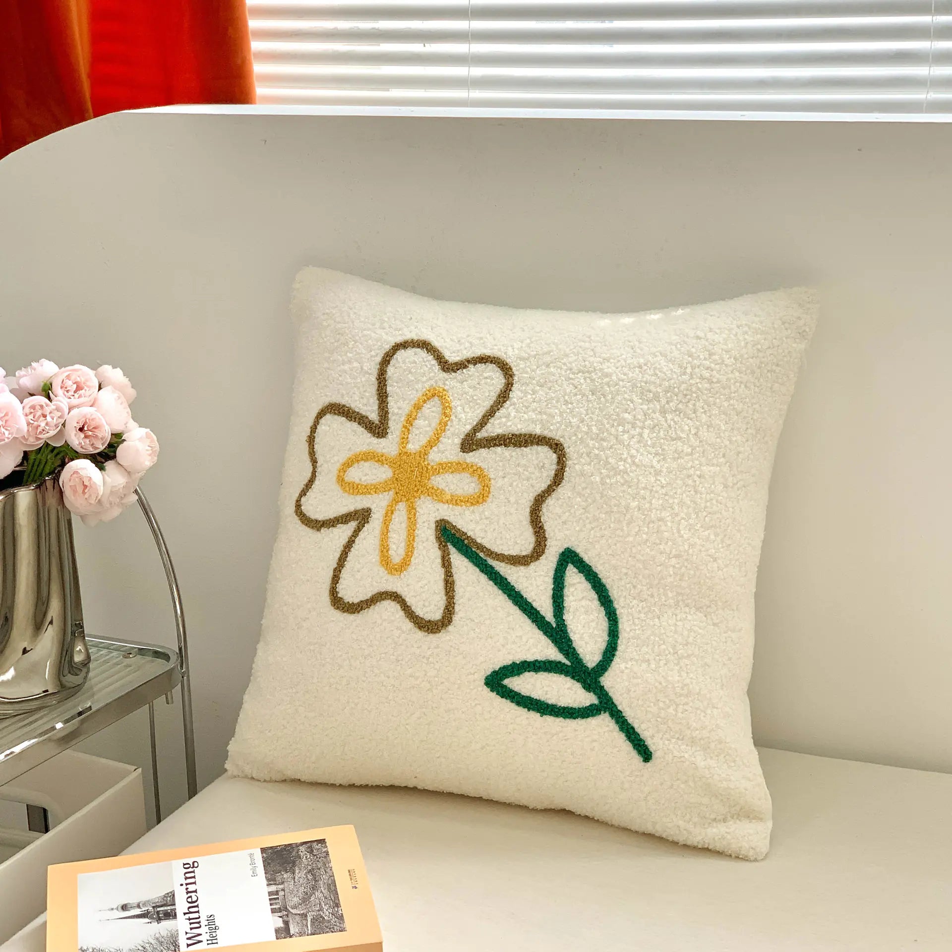 Nordic Cream Style Brown Floral Embroidered Pillowcase