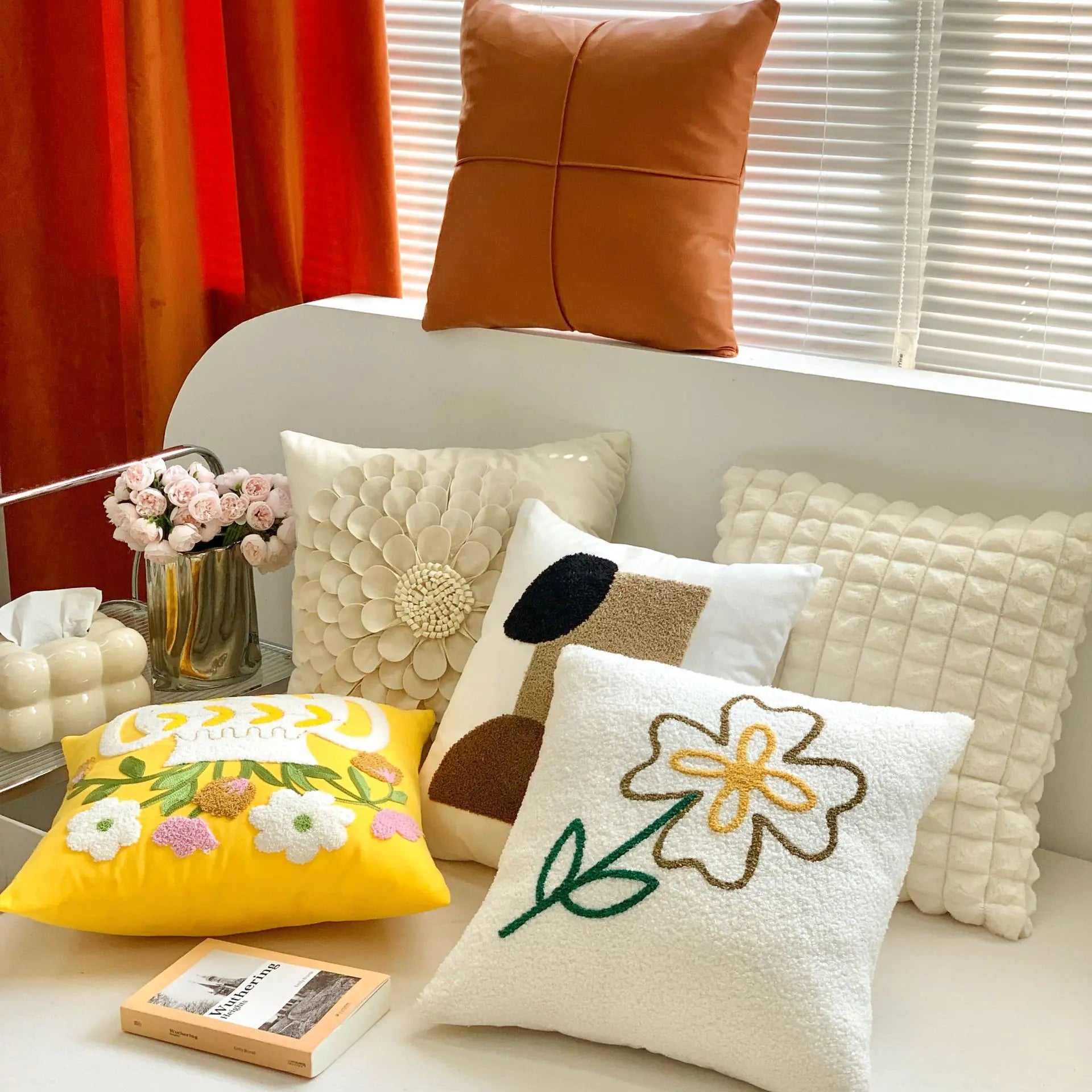 Nordic Cream Style Brown Floral Embroidered Pillowcase